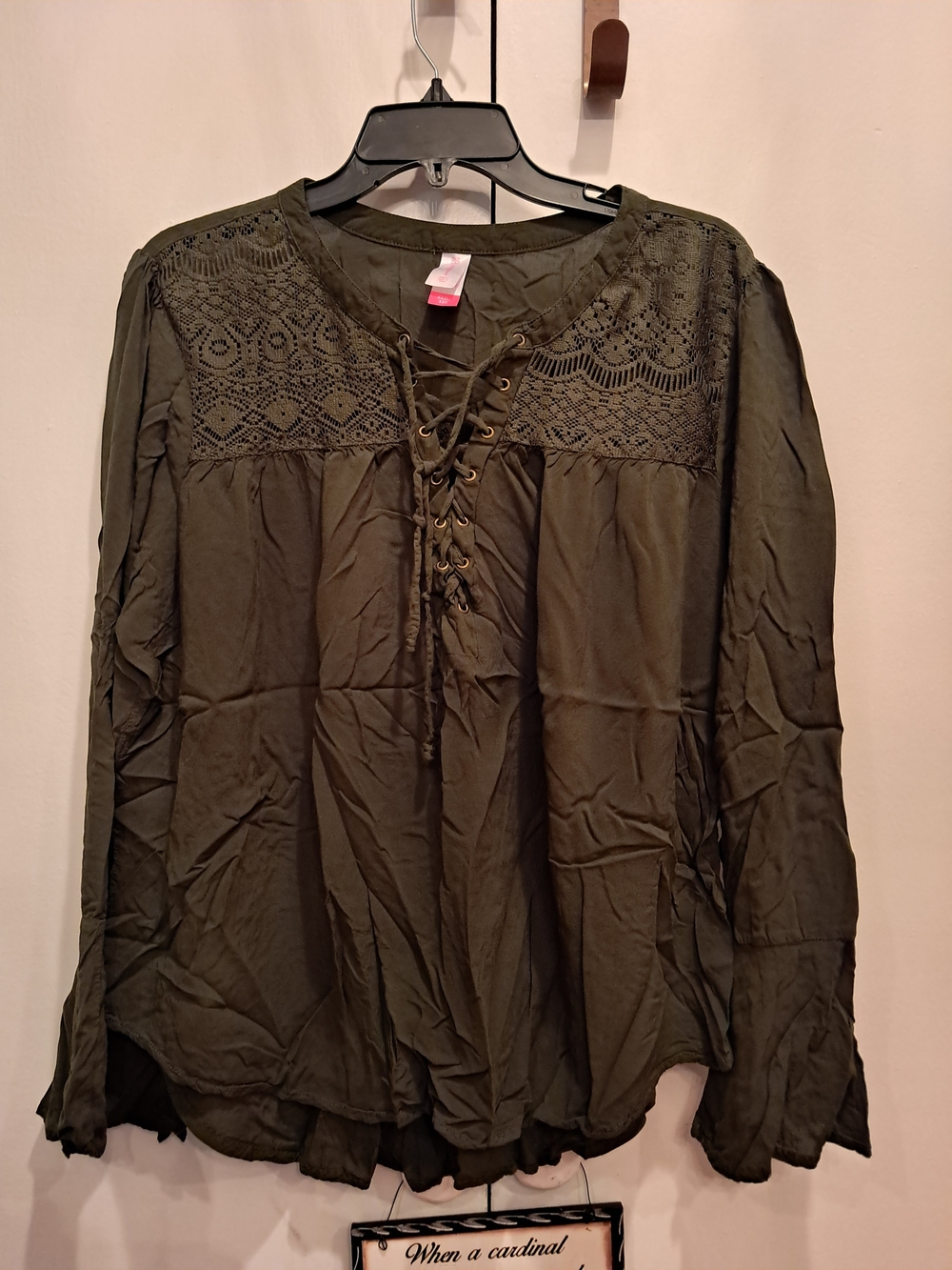 Lace-Yoke Peasant Blouse - Olive Green